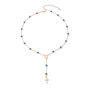 Collier en Y doré avec cristaux bleus, médaille de la Vierge et pendentif croix