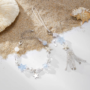 Elegant ocean style starfish beaded bracelet set with faux pearls and blue tassel charms
