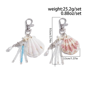 Detail showing shell keychains with pearls and starfish, 9.5cm length and 25.2g weight