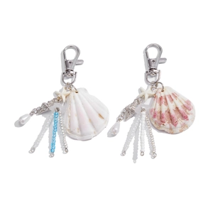 Ocean shell pearl keychain set with sea star charms and blue crystal beads on white background