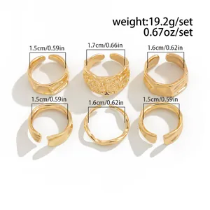 Detailed size guide for 6-piece liquid gold-tone irregular metal rings set