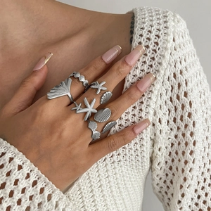 Macro detail of ocean-themed starfish and shell silver rings on a white sweater
