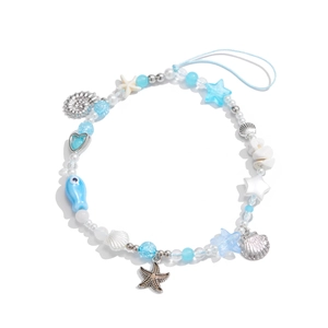 Bijou de téléphone marin avec perles acryliques bleues, pendentifs étoile de mer et coquillage