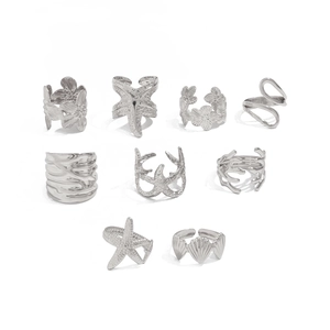 Set of 9 silver nautical rings featuring starfish shells and floral designs on white background