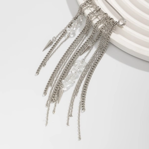 Punk style silver safety pin brooch with multi-layer metal chains and crystal beads