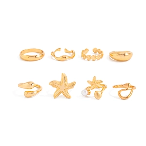 Set of 8 gold starfish and shell open rings with faux pearl for beach vacation