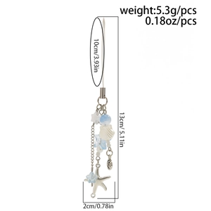 Detailed size measurement of the ocean themed keychain with starfish and shell charms