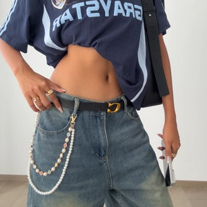 Punk hip-hop style layered pearl waist chain with colorful stars and cross pendants
