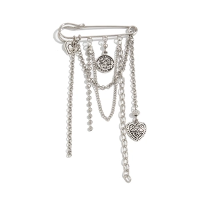 Macro view of industrial silver multi-chain brooch with heart and medal pendants