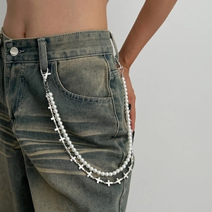 Chaîne de taille hip hop double épaisseur avec perles blanches et pendentif croix argenté