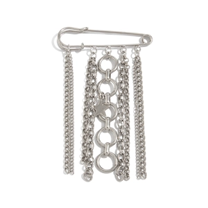 Silver tassels safety pin brooch with star charm and layered chains on white background