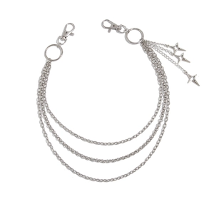 Close-up of hip hop silver multi-layer waist chain with star pendants and lobster clasps