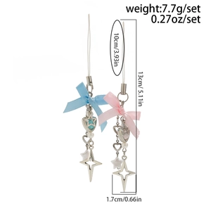 Detail showing dimensions of blue and pink starfish beaded keychains with ribbon bows