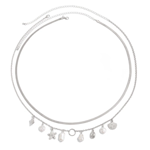 Detail of silver body chain with starfish shell charms and faux pearl accents