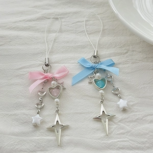 Sweet Y2K strawberry pendant phone charms with ribbons and pearls in pink and blue