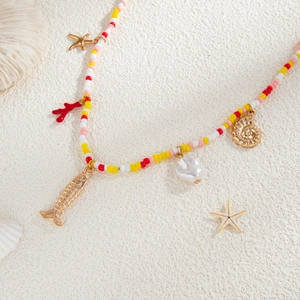 Colorful beaded waist chain with starfish, seashells and fish charms for beach summer style
