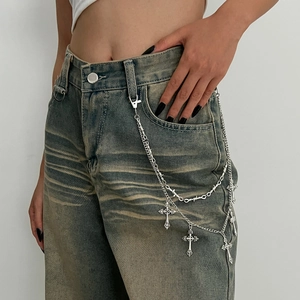 Gothic multilayer waist chain with silver cross pendants and punk thorn details