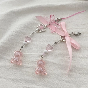 Pink beaded phone charms set with resin bear, heart beads, and ribbon bow styling