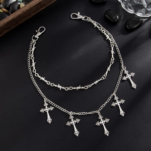 Detail of silver double-layer hip hop waist chain with retro hollow cross pendants