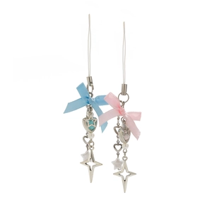 Handmade beaded keychain with star pendants, bows, and pearls in pink and blue styles