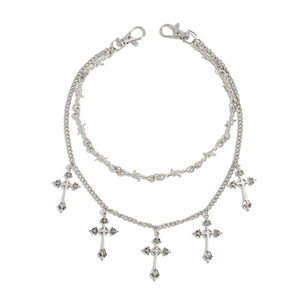 Hip-hop layered waist chain featuring silver cross pendants and a barbed wire design
