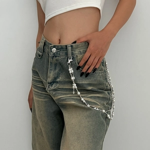 Chaîne de Pantalon Multicouche Punk Künstliche Perle d'Imitation Croix Flamme Pendentif Hip Hop Chaîne de Taille Alliage Argent pour Hommes Femmes