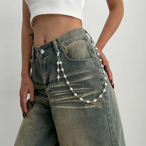 Multi-layer hip hop waist chain with white pearls and silver metal lobster clasps