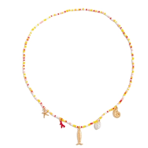 Colorful beaded waist chain with starfish, shell, and pearl charms for beach vacation