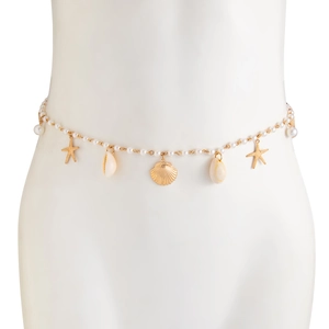 Detailed macro view of gold starfish shell charms on a pearl tassel body chain waist strap