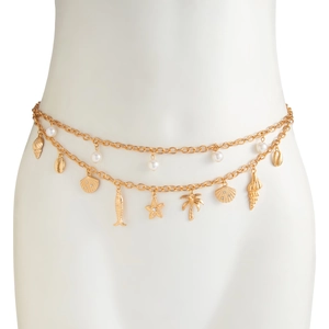 Detail of gold starfish and seashell charms on a double-layer summer beach waist chain