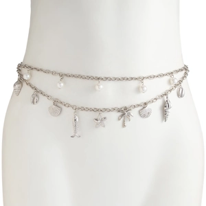 Detail of silver double-layered body chain featuring sea shells and pearls pendants
