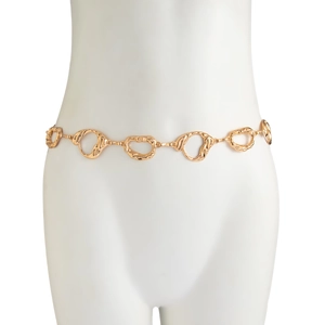 Detail of golden irregular liquid lava geometric metal waist chain on a white mannequin
