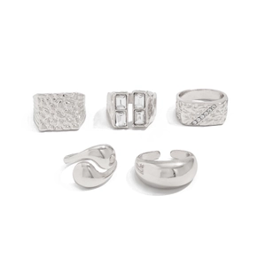 Five-piece silver vintage chunky ring set with textured bands and zircon stones