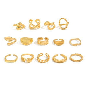 14-piece minimalist liquid metal gold ring set with irregular geometric designs