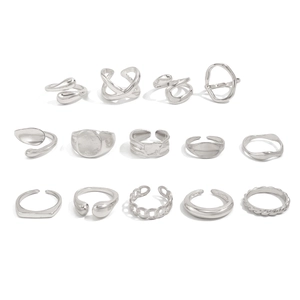 Macro view of 14-piece silver irregular liquid metal and chain texture ring set