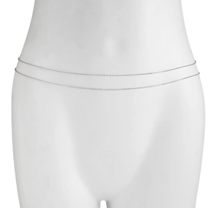 Detail view of double-layered silver snake chain body waist chain on white mannequin