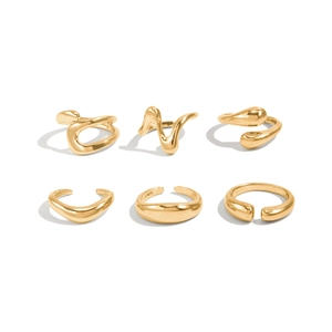 Set of six irregular liquid lava gold plated S925 silver open rings with fluid design