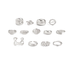 Detailed set of thirteen silver-toned rings with textured and twisted designs