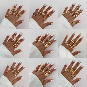 Elegant Alloy Rhinestone Ring Set For Women Irregular Liquid Lava Metal Design Adjustable Open Finger Rings Fashion Jewelry