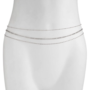 Close-up of three-layered silver body chain featuring round bead and flat sequin links