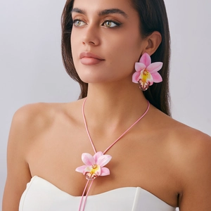 Pink orchid jewelry set with 3D floral pendant necklace and matching stud earrings