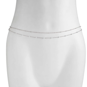 Close-up of double-layer silver body chain featuring tiny white pearls and beaded metal links