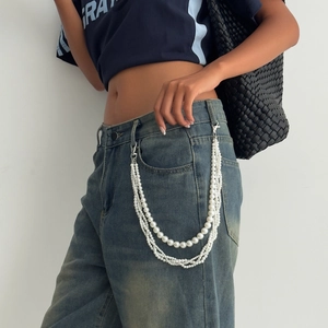 Y2K Multilayer Imitation Artificial Pearl Pants Chain With Alloy Cross Charms Women Streetwear Waist Chain For Jeans Jewelry