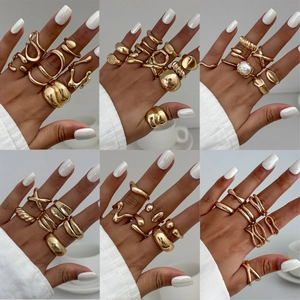 Modern Alloy Liquid Metal Open Rings Set For Women Adjustable Irregular Geometric Wave Artificial Pearl Finger Jewelry