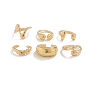 Set of 6 gold plated minimalist geometric drop open rings with polished smooth finish