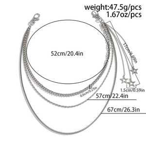 Detailed size map of layered metal waist chain with star pendants and lobster clasps