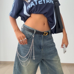 Punk multilayer silver metal waist chain with star pendants for street style