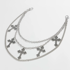 Three-layer silver punk waist chain with five vintage gothic cross pendants and clasps