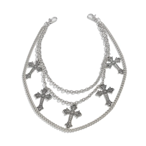 Detailed view of silver punk waist chain with triple layers and five gothic cross pendants