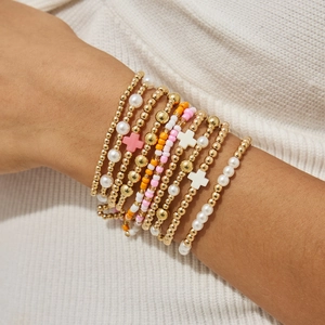 Ensemble de Bracelets Multicouches Bohème pour Femmes Künstliche Perle d'imitation Or CCB Croix Pendentif Bracelet Élastique Bijoux